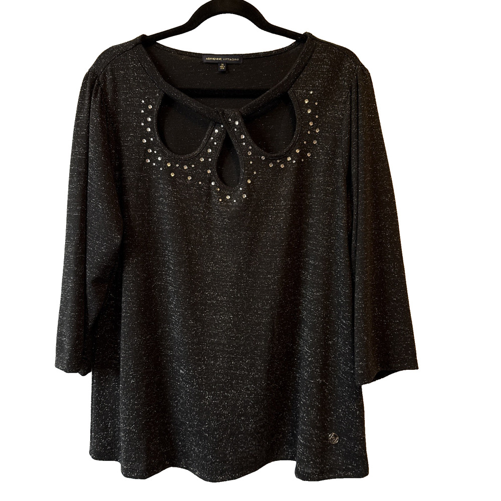 Adrienne Vittadini Women's 2X Metallic Rhinestone Cut Out Top Whimsigoth Glam